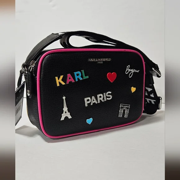 NWT Karl Lagerfeld Black Crossbody Bag with Pink Accents - Picture 2 of 8